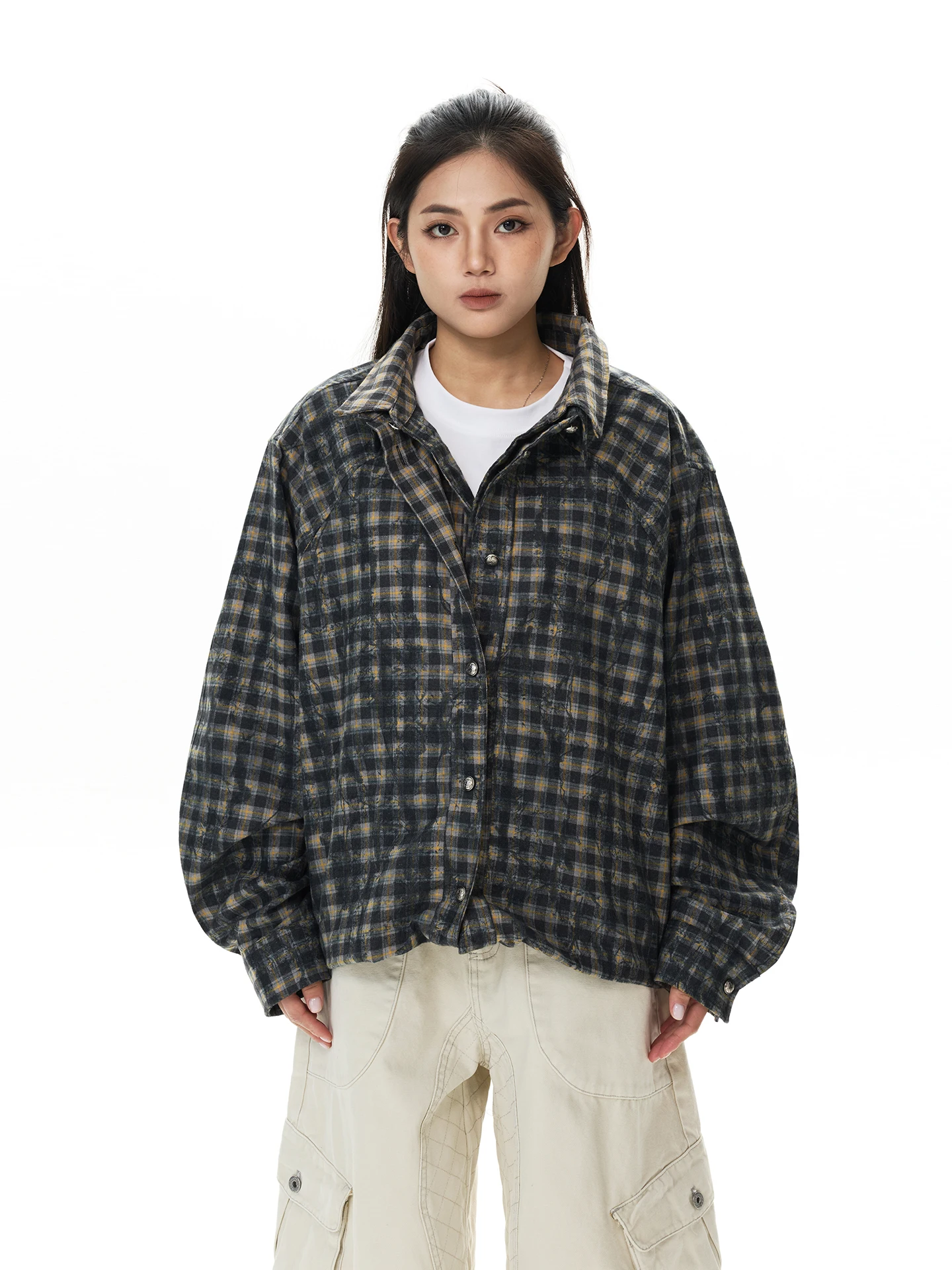 

Talk Later Retro Double Layer Collar Loose Fit Long Sleeve Shirt Women's Men's Commute Checkered Shirt Casual Striped Pattern