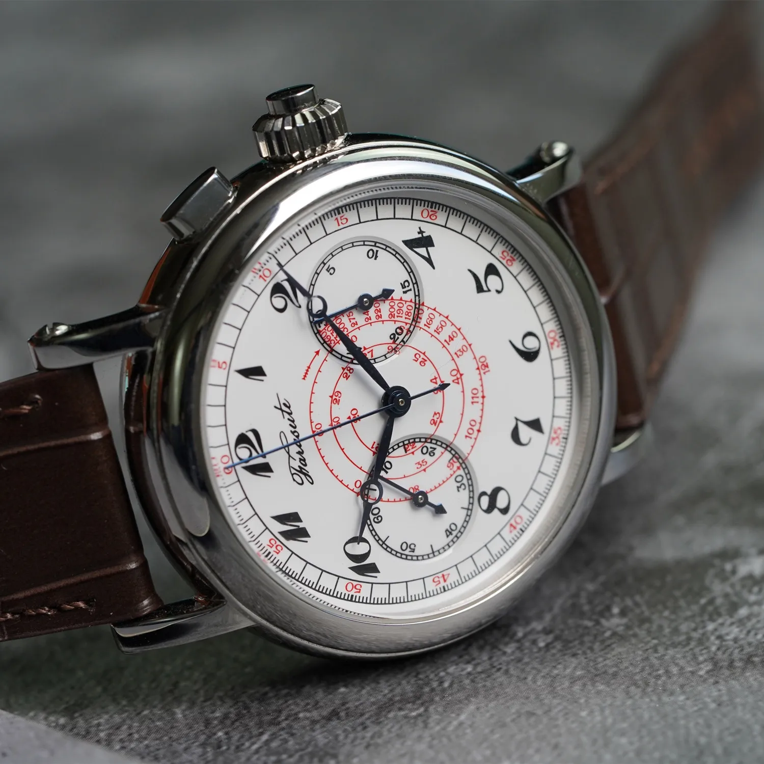 FARASUTE Men Chronograph Watch 40m Manual Winding Mechanical Wristwatch Sapphire ST1900 Enamel Pulse Dial Leather Strap