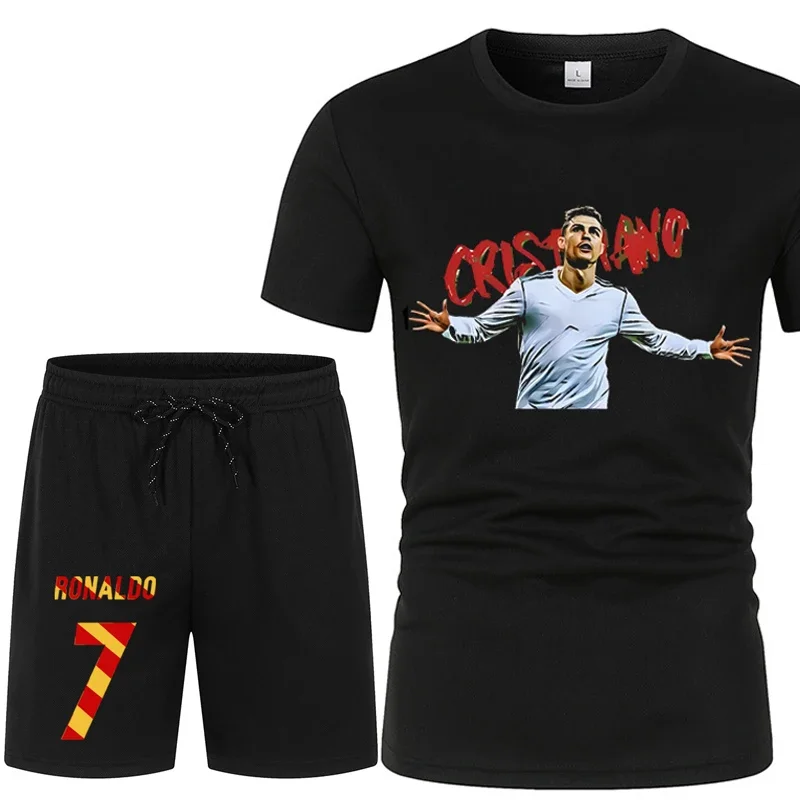 Conjunto esportivo estampado masculino, estrela do futebol, Cristiano Ronaldo, shorts de manga curta, moda respirável, verão, novo, 2 peças, 2024