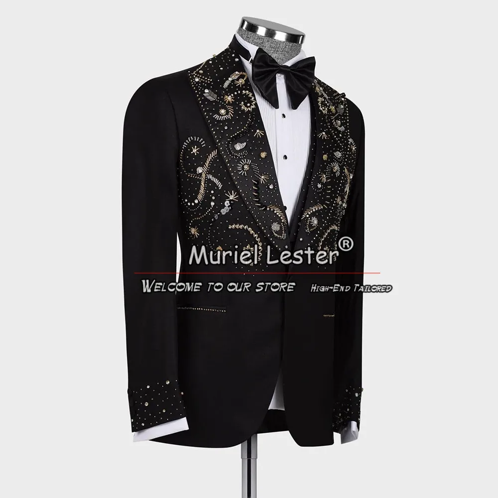 Luxury Men Suit Crystals Beaded Notch Lapel Prom Blazers 3 Pieces Sets Wedding Groom Tuxedos Slim Fit Costume Homme Customized