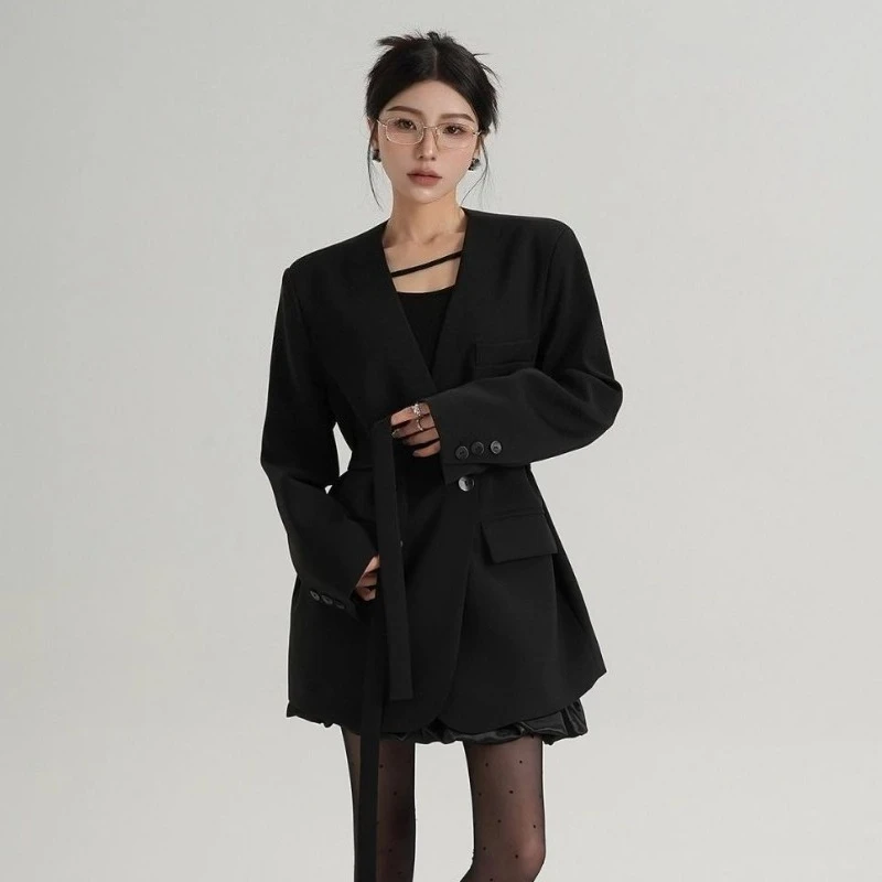 Petite Blazer pour femmes, couleur unie, ample, ample, col en V, ruban, Design coréen, petit costume de haute qualité, nouvelle collection printemps automne 2025