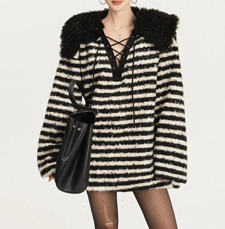 

2025 Skin Friendly Fur Collar Trendy Tie Sweater V-stripe Slimming Detachable Collar