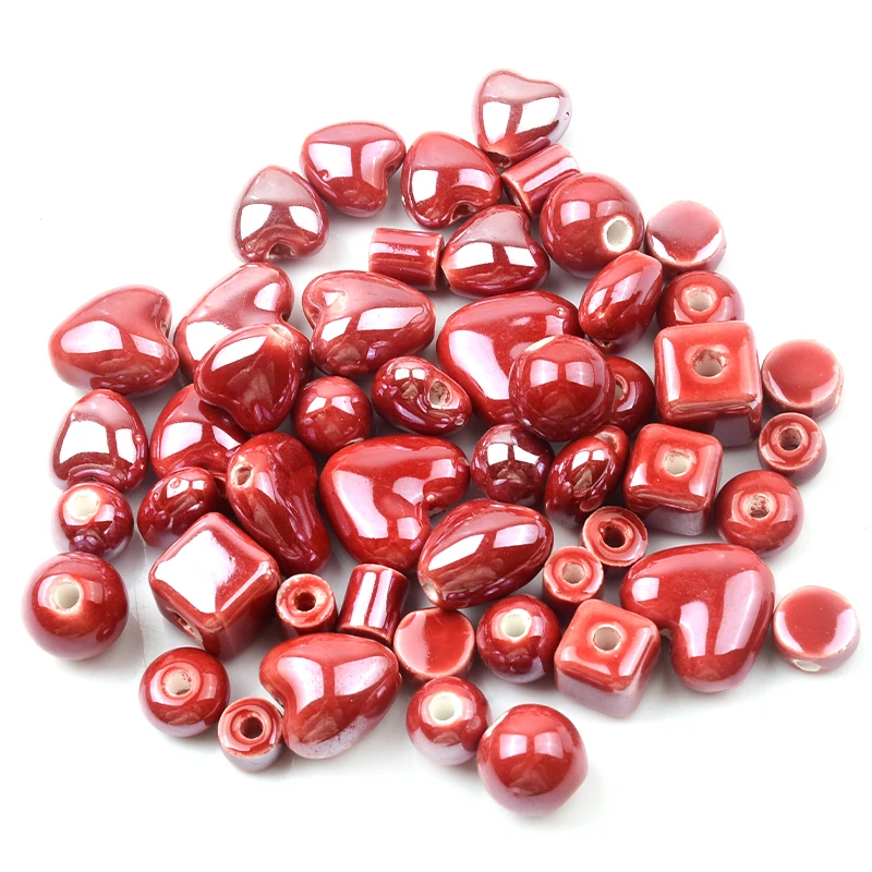 Red Series Chinese Ceramic Beads Square Cube Round Flat Cylinder Heart Shape Porcelain Loose Beads for Jewelry Making DIY Crafts