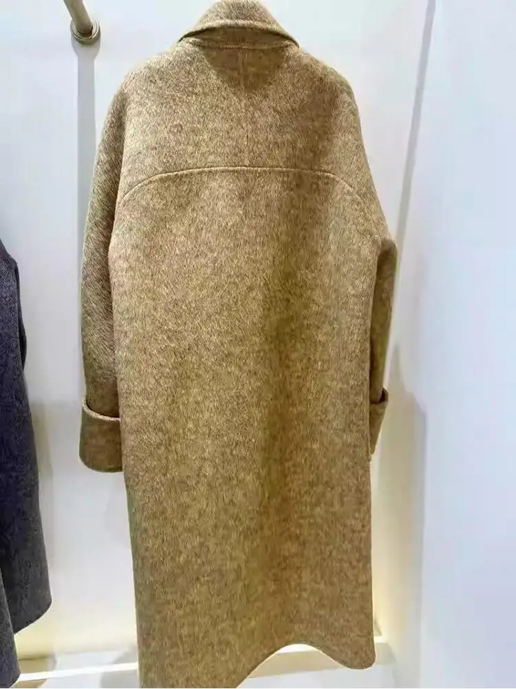 Office Lady Woolen Jackets 2024 Autumn And Winter Suit Collar Double Breasted Big Pockets Loose Long Women\'s Wool Coats