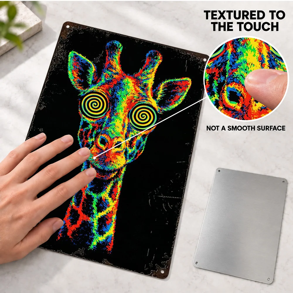 Psychedelic Giraffe With Hypnotic Eyes Textured Metal Poster Bold Design Man Cave Wall Art Personalized Aluminum Sign Fan Gift