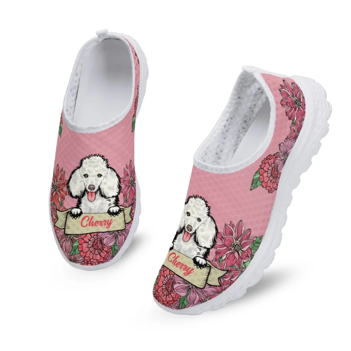 INSTANTARTS Women's Custom Name Flats Poodle Dog Floral Pattern Lady Wear-Resistant Tennis Snekaers Casual Slip-on Mesh Loafers