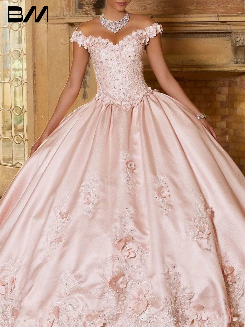 Appliqued Satin Quinceanera Ball Gown 3D Flower Beaded Off The Shoulder Royal Waist Glitter Corset Lace-Up Prom Dresses Party