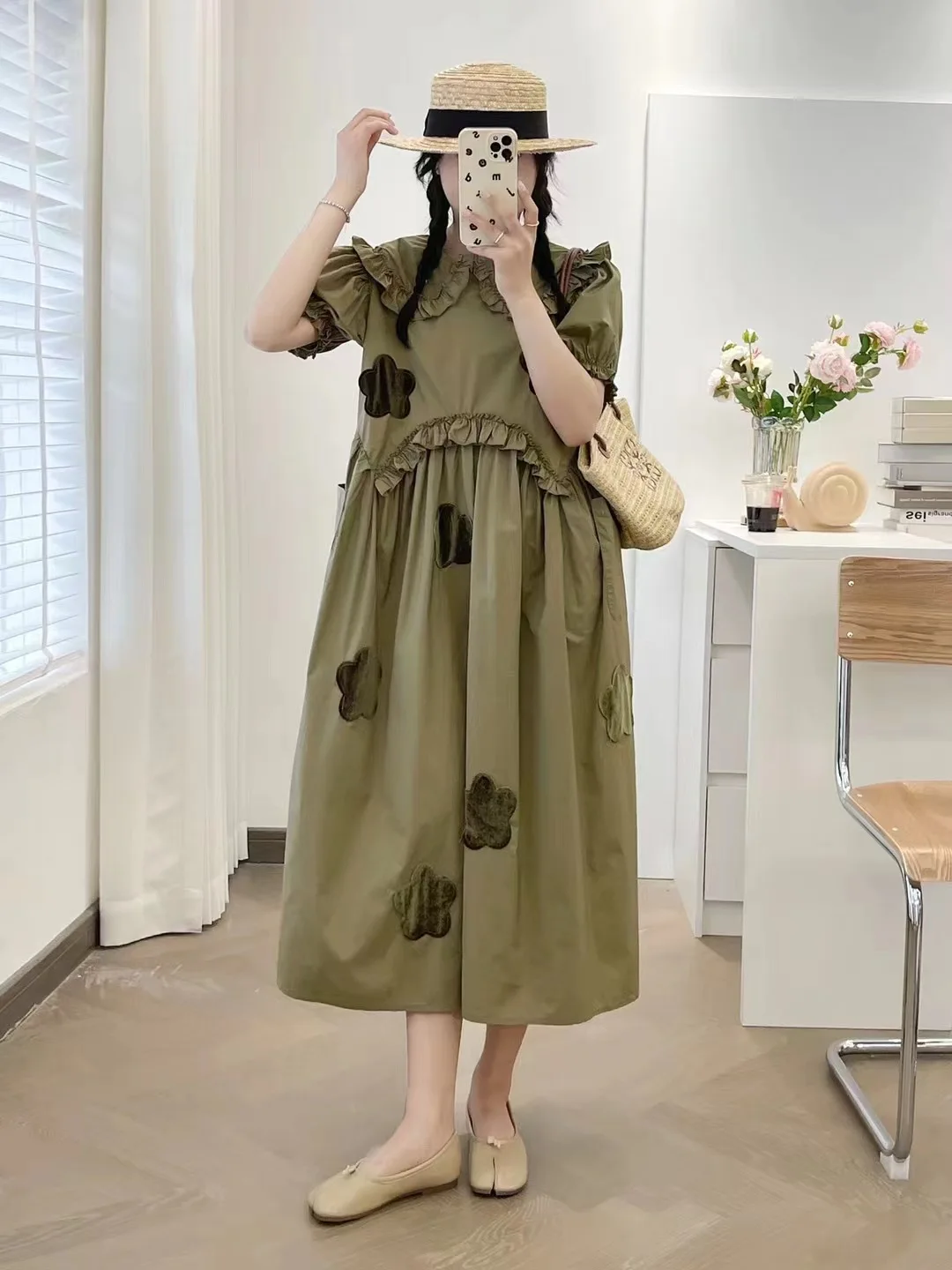 New Summer Cotton Short Sleeve Dresses Peter Pan Collar Flower Dress Mori Girl Casual Sweet Loose Dress 2024 Autumn D46925QM