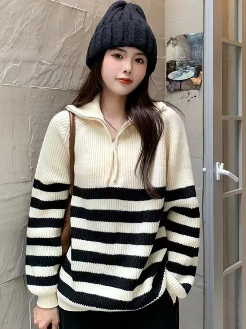 

Casual Striped f-Zip Spring Autumn Women's Loose Korean Sle Knitted Sweater Long Sve High Collar Zipper Closure Top