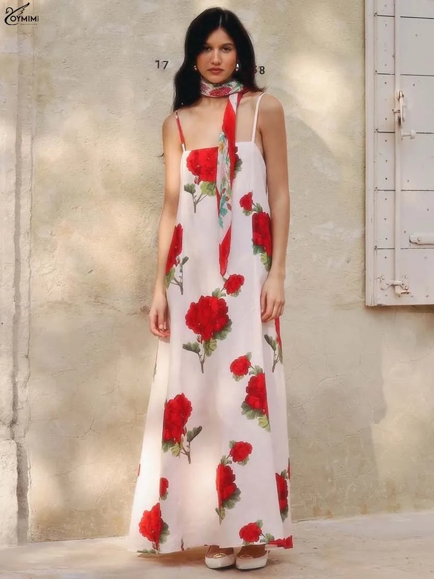 

Oymimi Fashion Beige Print Dresses 2025 Woman Elegant Spaghetti Strap Open Back Lace-Up Dresses Autumn Loose Ankle-Length Dress