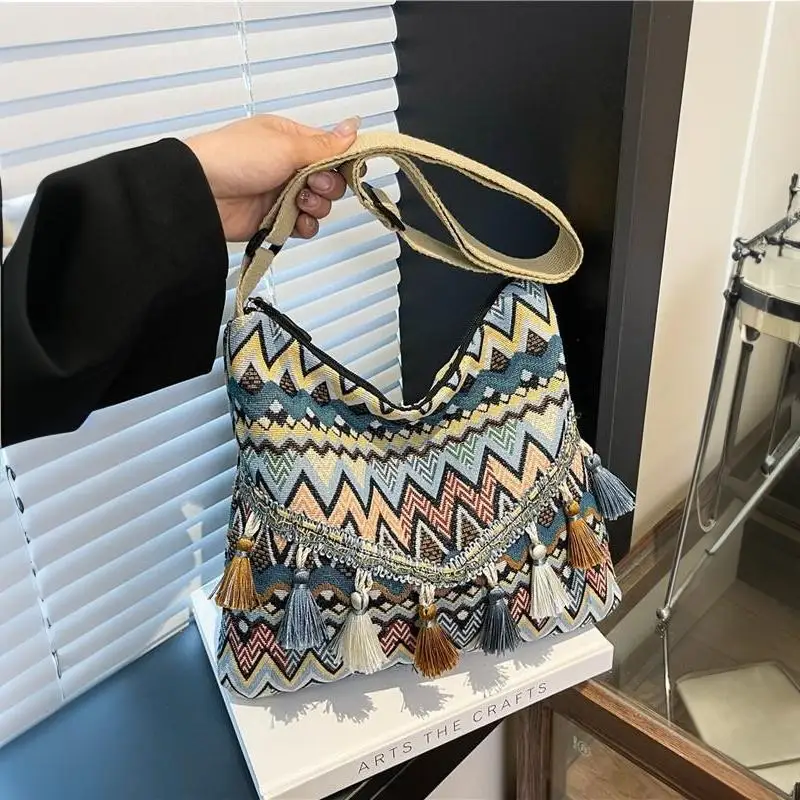All Match Bohemian Woven Bag Vintage Ethnic Large Capacity Crossbody Tote Bag for Women Outdoor Shopping Trip