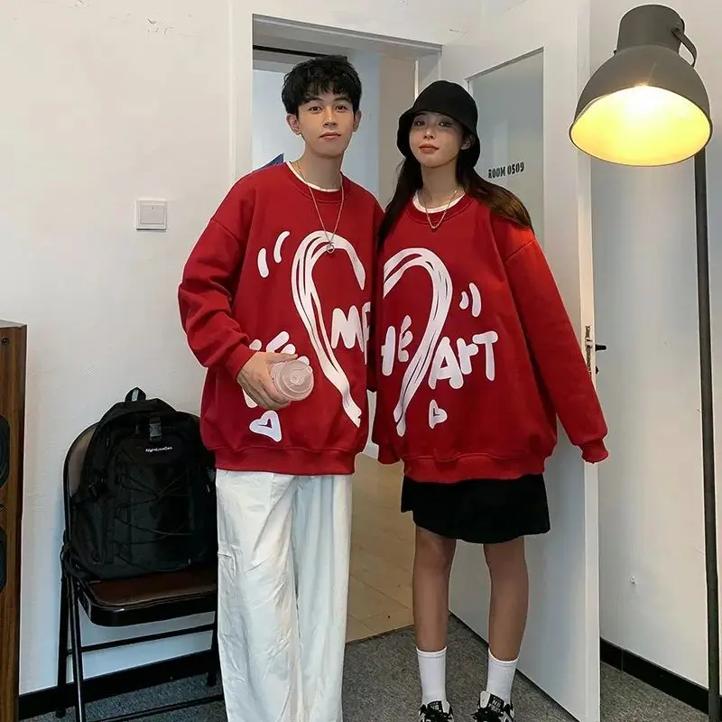 Cute Love Splicing Print Matching Couple Hoodies O-neck Sweatshirts High Quality Men Women Drop Long Sleeve Pullovers 4XL