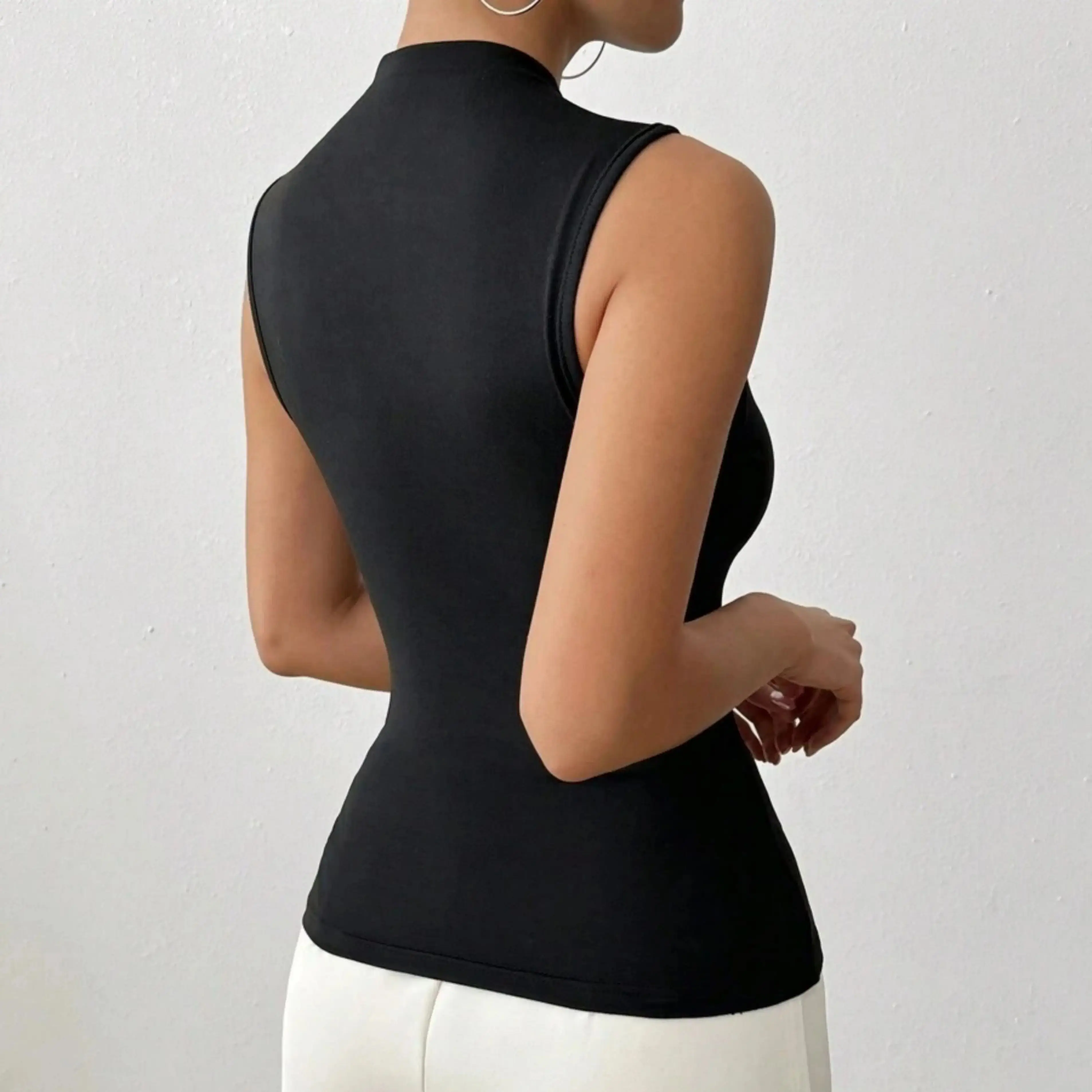 Ladies Fashion Commute Black Knitted Vest Top with Metal Buckle Decorated Pleats Simple Slimming Elegant Shirt image 2