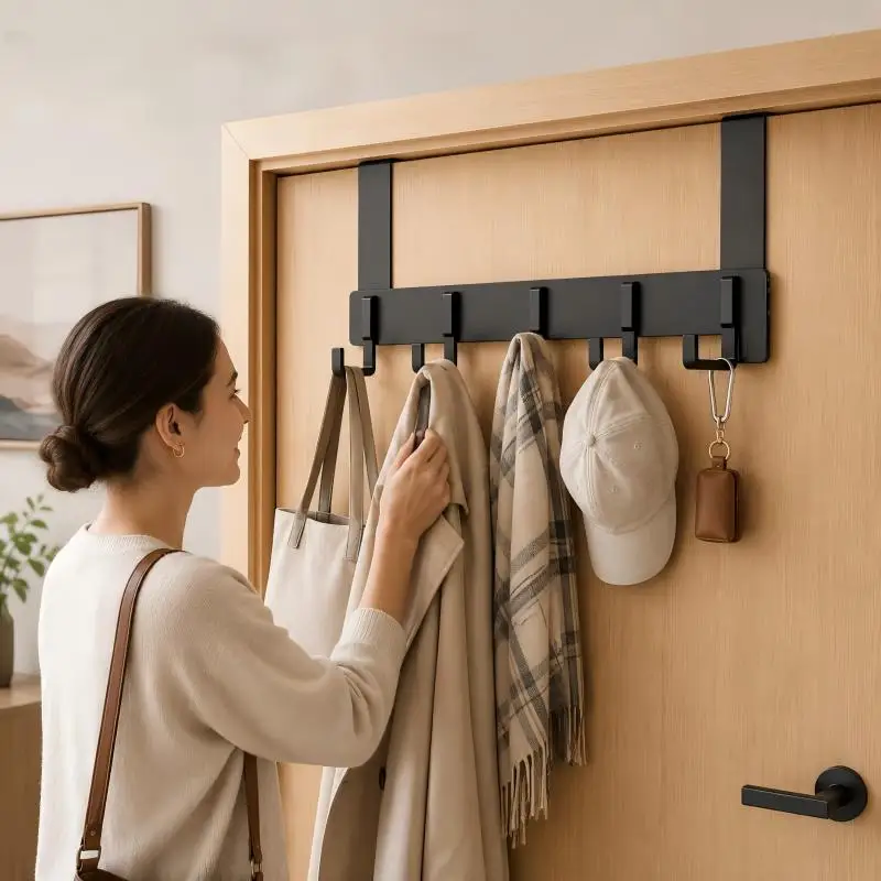 Over the Door Hook Rack, No Drill Clothes Hanger and Storage Organizer for Entryway, Door Back Coat Hook Shelf, Space Saving