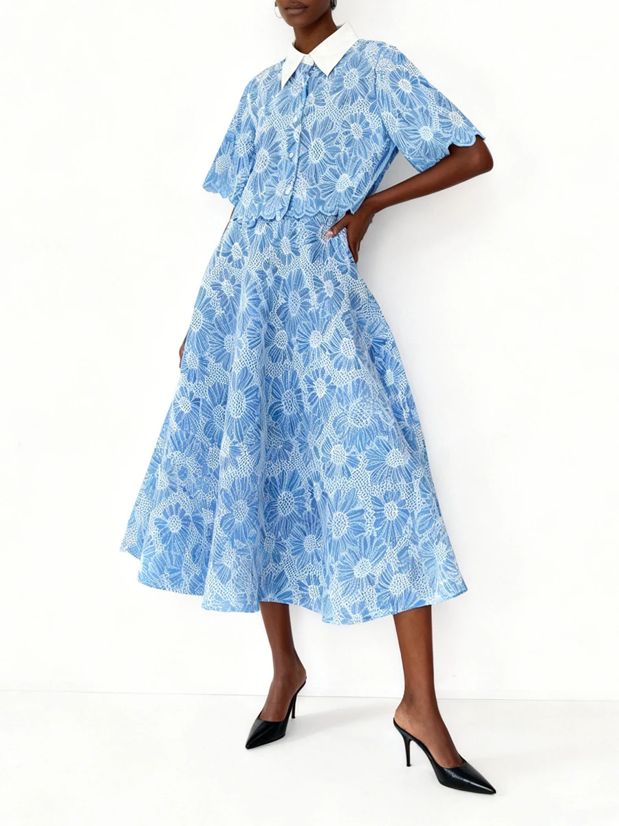 Vgh estilo francês casual impressão conjuntos de duas peças para mulheres lapela meia manga superior saia cintura alta elegante conjunto de emagrecimento feminino novo