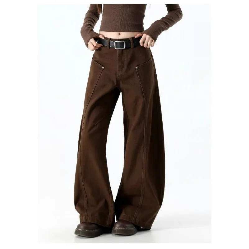 2026 Japanese Y2K Style Vintage Brown Patchwork Baggy Women's Jeans Pants Wide Leg Woman Clothing Casual Cotton Long Trousers 3