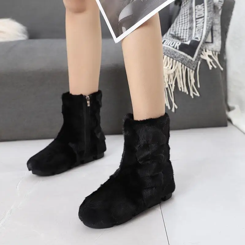 Mink Fur Women Winter Warm Boots Furry Flat Botines Mujer Platform Shoes Ladies Black Botas Femininas Skidproof Snow Fur Boots