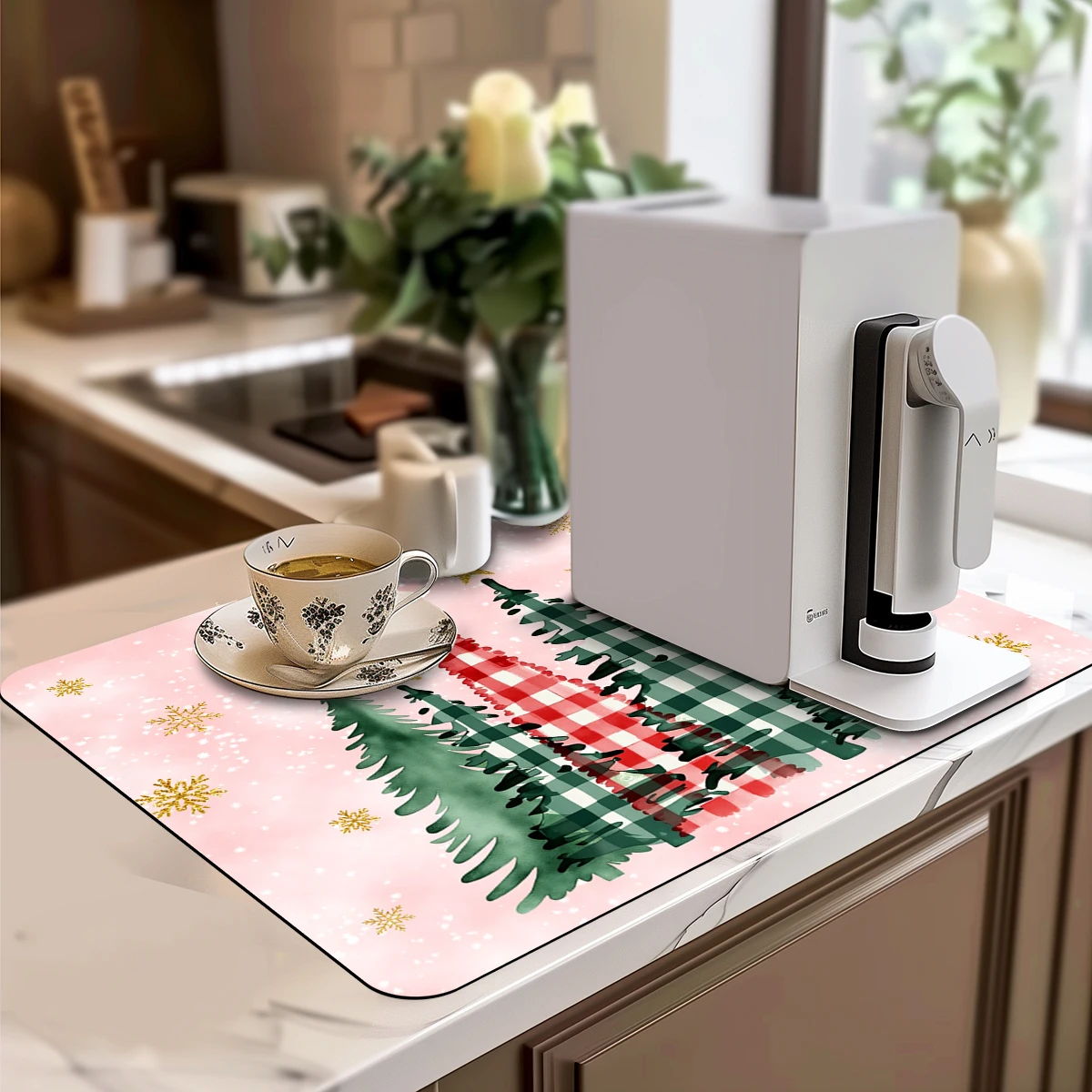 

1pc Drying Mat Christmas Tree Gold Snowflake Non-Slip Absorbent Mat Tableware Kitchen Counter Drain Mats Placemats for Table