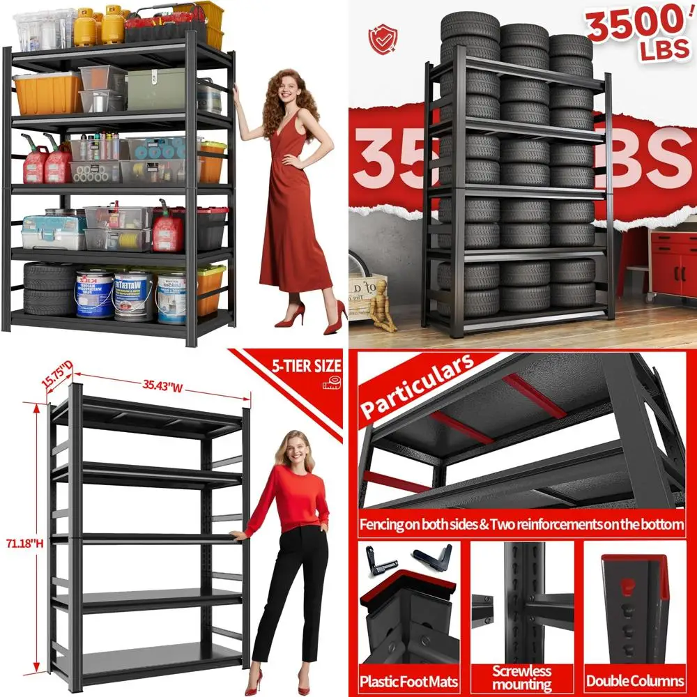 

Heavy-Duty 5-Tier Adjustable Metal Storage Shelves - 3500 lbs Capacity for Industrial Use, Space-Saving Garage Shelving Solution