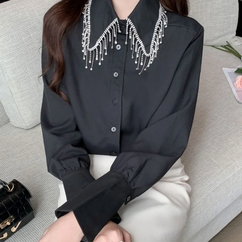 Women\'s Korean Luxury Tassel Diamonds Button Shirt Office Lady Elegant Chic Business Casual Blouse Black White Long Sleeve Tops