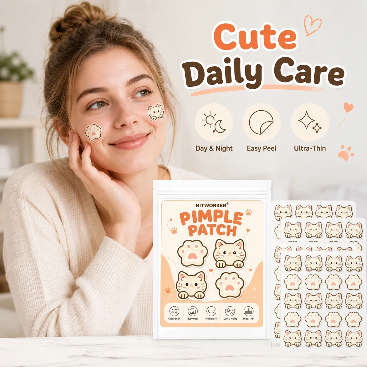 40/120 Pcs Cute Cat Pimple Patch, Clear-Look Face Stickers, Easy Peel, Flexible Fit, Day & Night Use