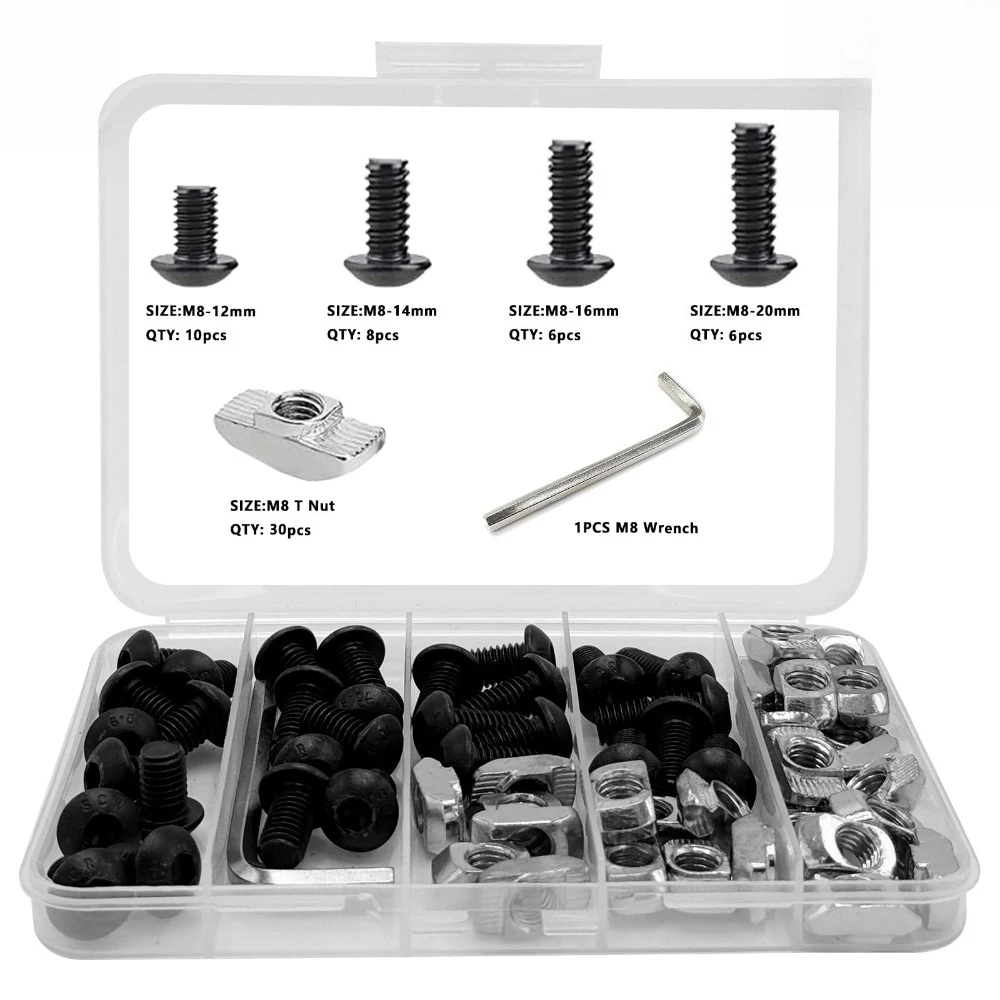 

60 Pcs Carbon Steel Round Head Hexagon Socket Bolts Silver M8 T-type Nuts with Wrenches Nut and Bolt Combination Kit Washers Set