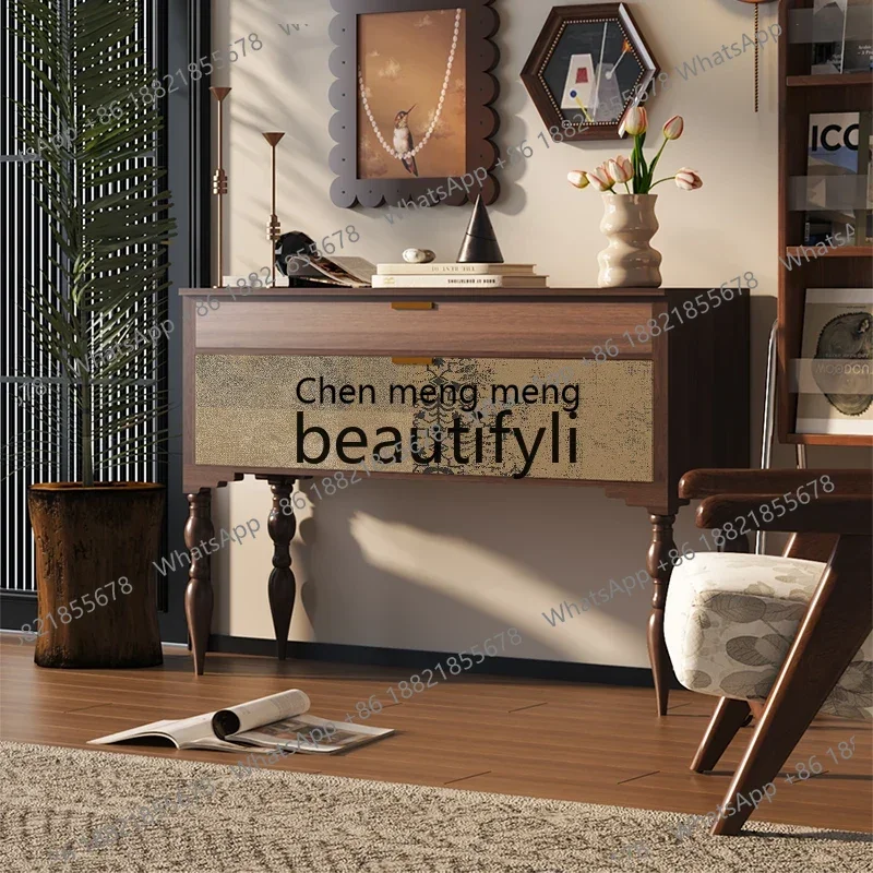 

e5556American retro high-footed vertical cabinet, wall-decorated rectangular table, light luxury solid wood aisle storage cabine