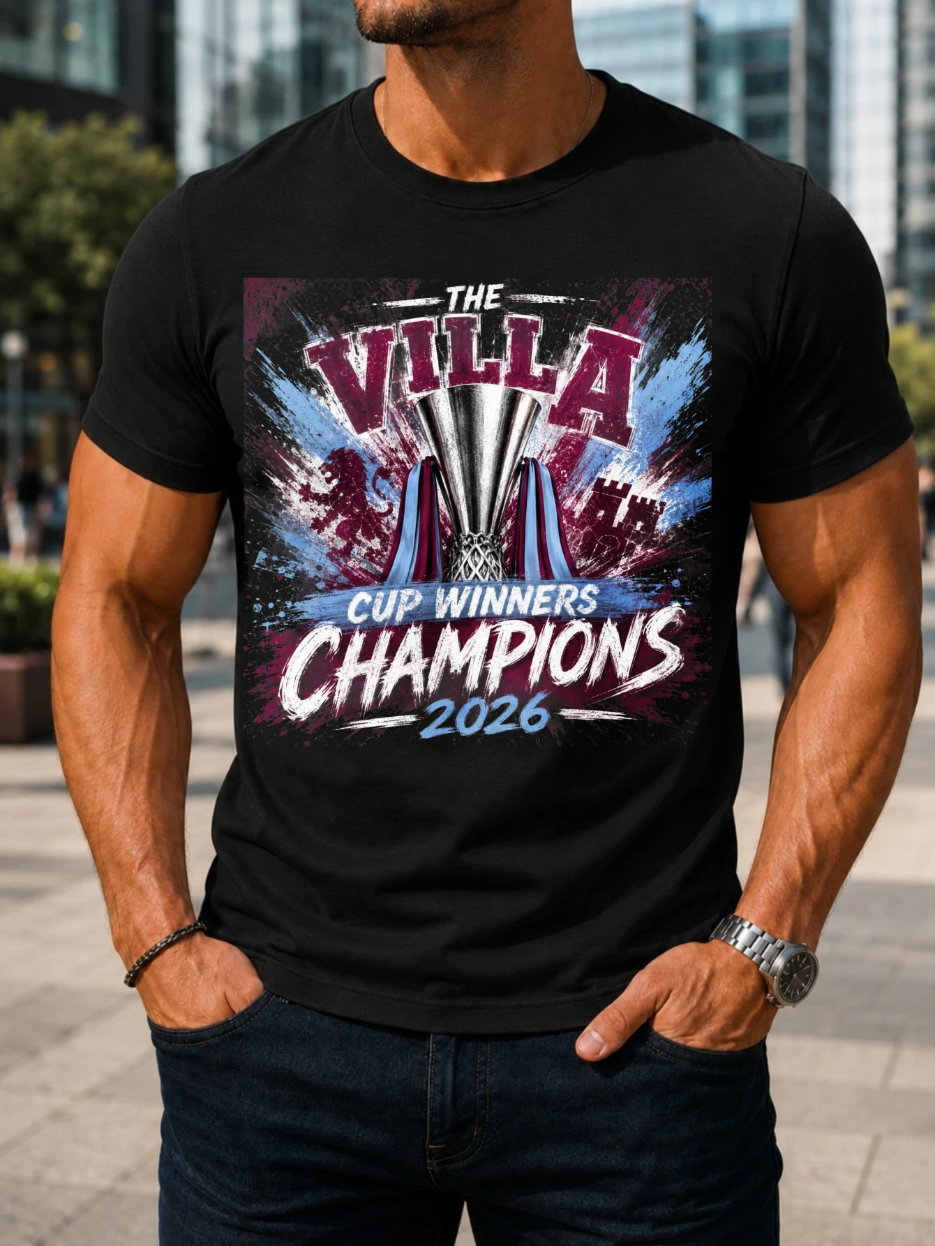 The Villa Cup Winners Champions 2026 Silver Trophy with Claret Blue Paint Splashes Bold Football  Unisex All T-Shirt