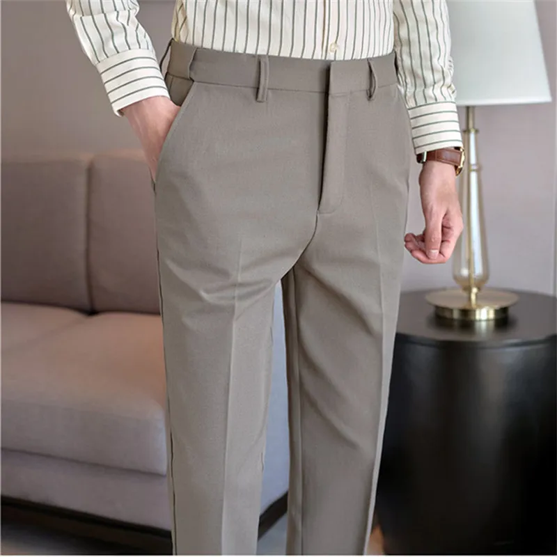 Celana Setelan Musim Semi Musim Gugur Celana Setelan Kasual Pintar Slim Fit Fashion Warna Solid Pria Celana Panjang Korea Pinggang Elastis Pria
