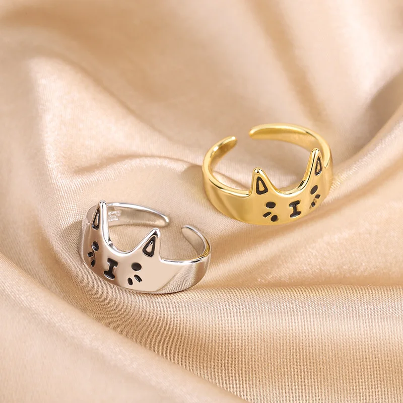 925 Sterling Silver Cat Anéis Ajustáveis para Mulheres, Jóias De Luxo Femininas, Anéis De Casamento