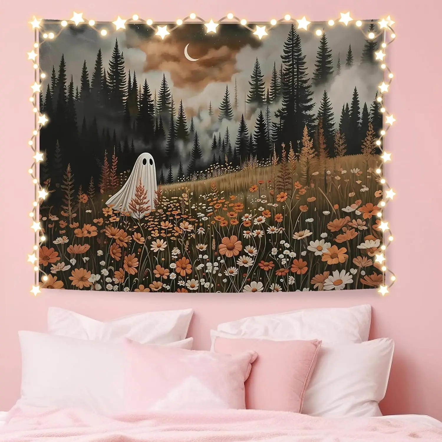 Aesthetic Tapestry Bedroom Tapestry Halloween Spooky Ghost Wall Hanging Enchanted Forest Flower Decor for Home Room Decoration