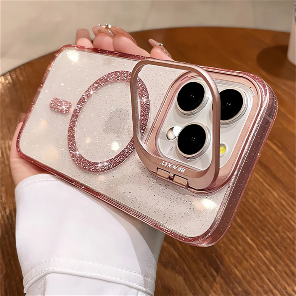 Lens Protection Stand Glitter For Magsafe Magnetic Phone Case For iPhone 16 15 14 11 12 13 Pro Max Wireless Charging Clear Cover