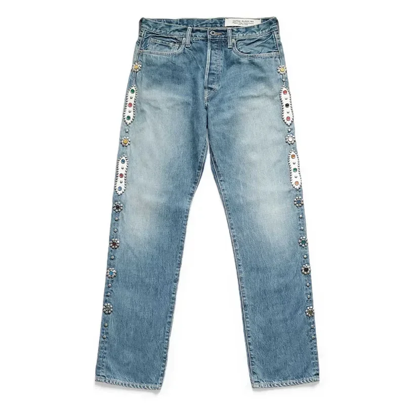 Japan Style KAPITAL Hirata and Hiroshi 24SS Classic Rivet Set Diamond Casual Cowboy Gemstone Craft Men Vintage Jeans Pants