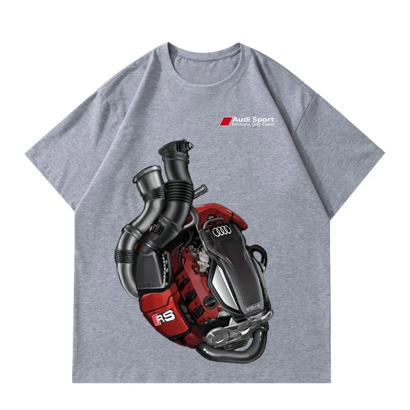 AUDI RS Engine Printed Men's Round Neck T-shirt, Car Enthusiasts' Fashion Item, Loose Casual Half Sleeved Top