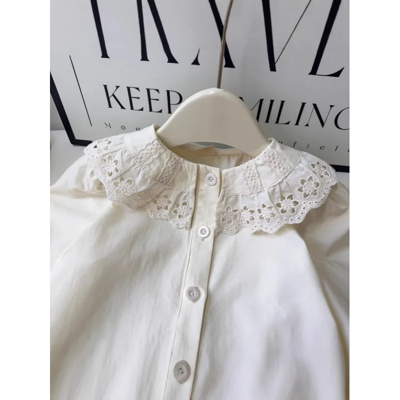 

New Girls' Long Sleeve Shirt Spring and Autumn Fashionable Ruffle Lace Embroidered Children's Blouse