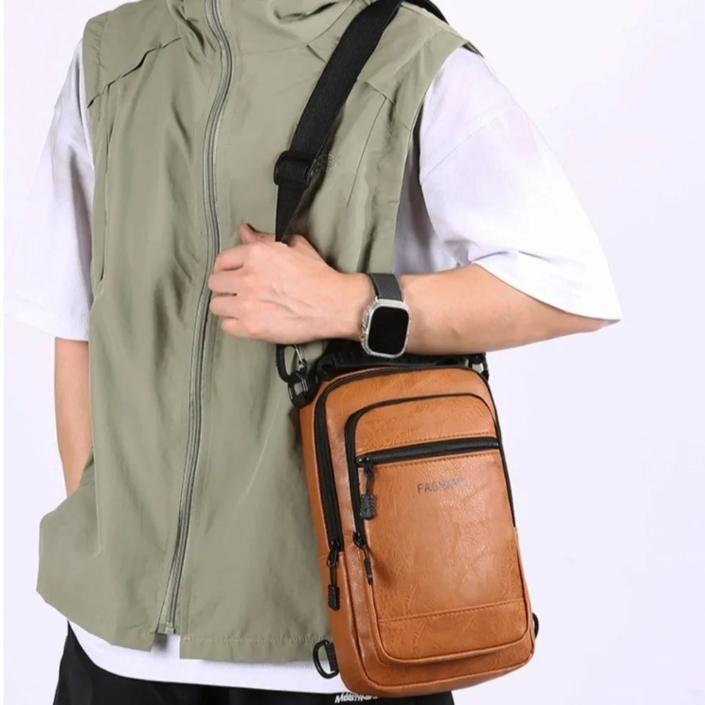 

PU Leather Men's Chest Bag Solid Color Multiple pockets Sling Shoulder Bag Adjustable Strap Multifunctional Male Crossbody Bag