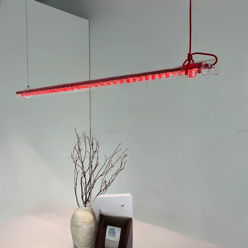 Modern minimalist restaurant, study strip, transparent glass chandelier