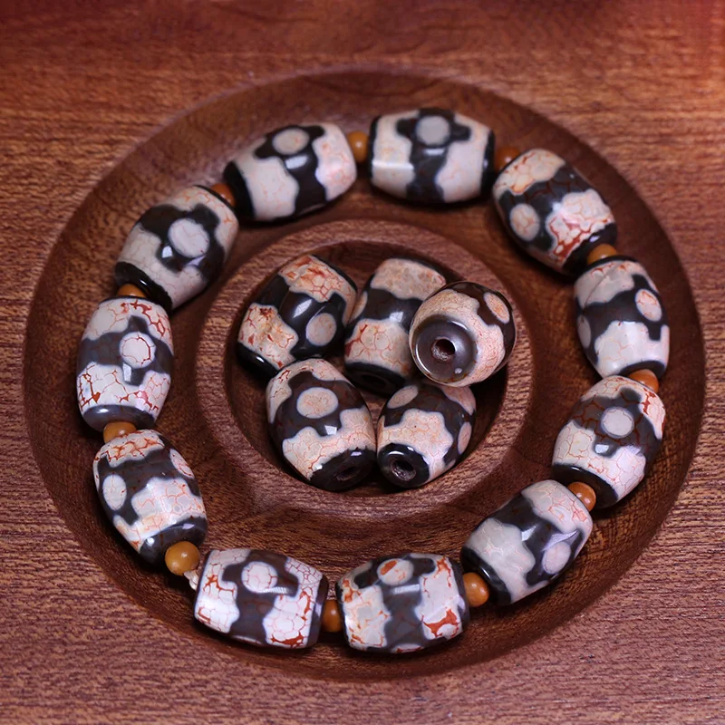 Tibetan natural authentic old mine raw agate Dalo fire offering altar three-eyed dzi bead bracelet 12x16mm