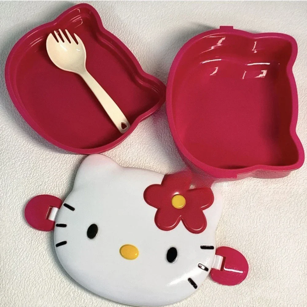 4PCS Set Cute Sanrio Hello Kitty Double-Layer Lunch Box Set with Fork Hellokitty Plastic Student Fruit Box Picnic Christmas Gift image 5
