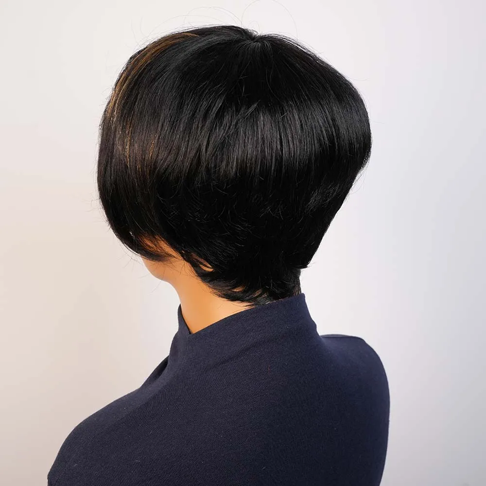블랙 여성용 블론드 하이라이트 레이어드 숏 픽시 가발, 인모 풀 머신 메이드 밥 가발, 앞머리 포함 스트레이트
