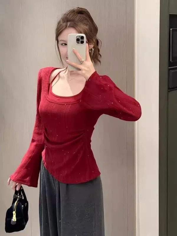 

Korean Sle Red Ne Hanging Bell Sve T-irt Women's Autumn Winter plus Size Slimming Base irt Inner Wear Commute Sle