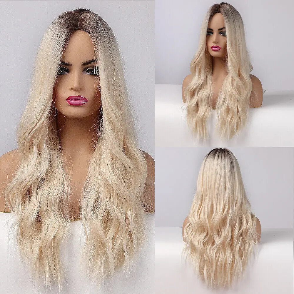 Perucas Longas Resistentes ao Calor para Mulheres, Cabelo Sintético, Branco Ombre, Loiro, 28 in