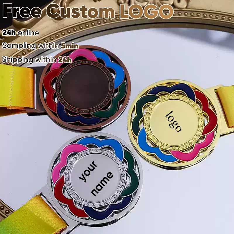 65mm Free Customized Logo Metal Award Medals with Neck Ribbon Gold Silver Bronze Style for Sports Academics or Any Competition