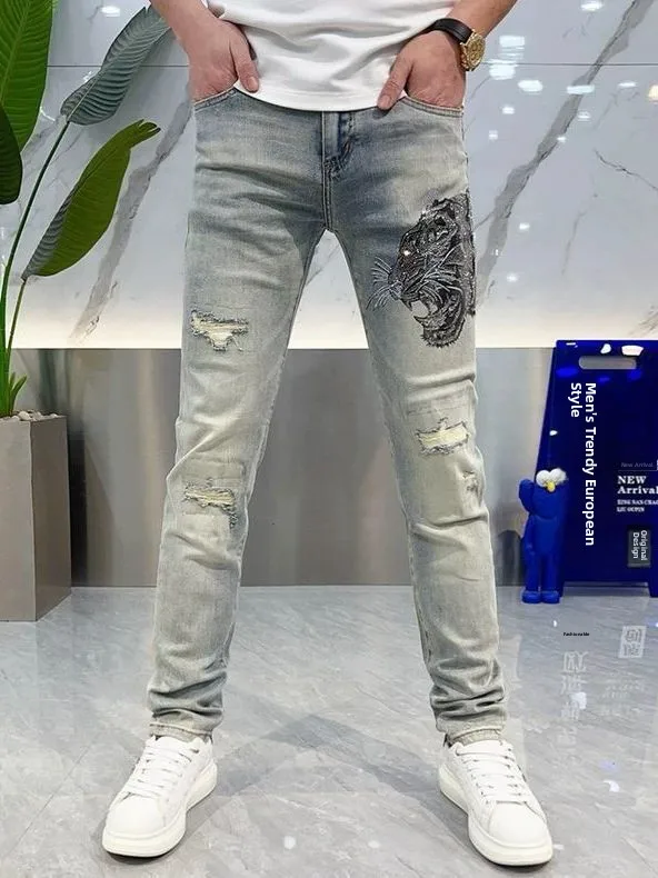 

Trendy Men's Jeans with Hole Design Slim Fit Elastic Casual Pants Middle Waist Zipper ket Wear Resistant All Seasons