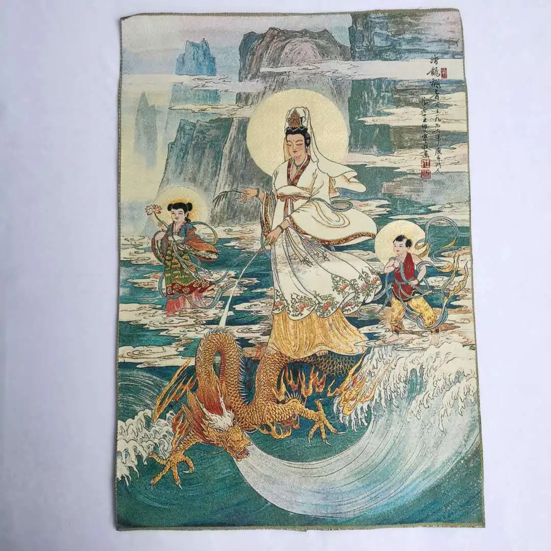 Chinese Buddhism Cloth Silk Riding Dragon Guangyin Kwan-yin Tangka Thangka 26548