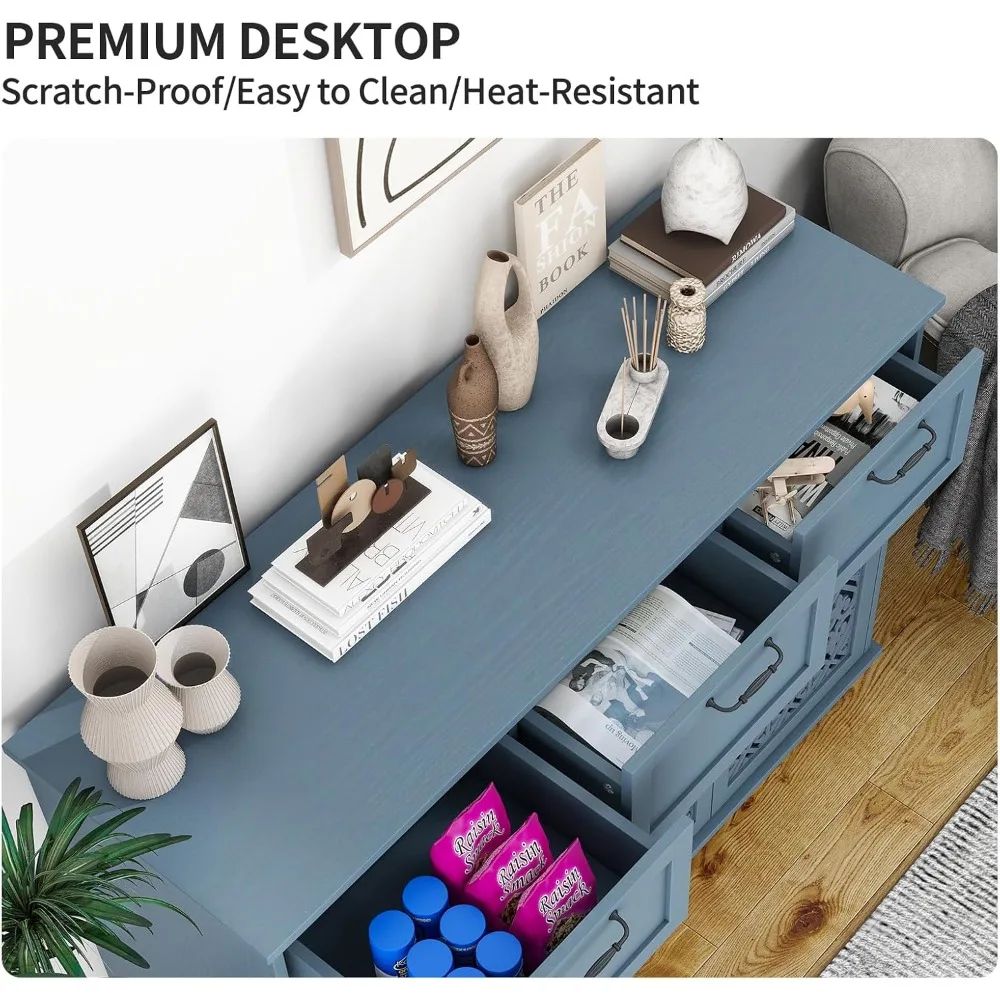 خزانة جانبية للبوفيه 3 أبواب و3 أدراج باللون الأزرق - خزانة مميزة مع أرفف قابلة للتعديل، وخزائن تخزين خشبية بعرض 47 بوصة #4