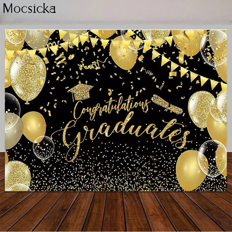 Fondo fotográfico de fiesta de graduación, telón de fondo de fiesta de graduación, Flash, globos dorados, confeti