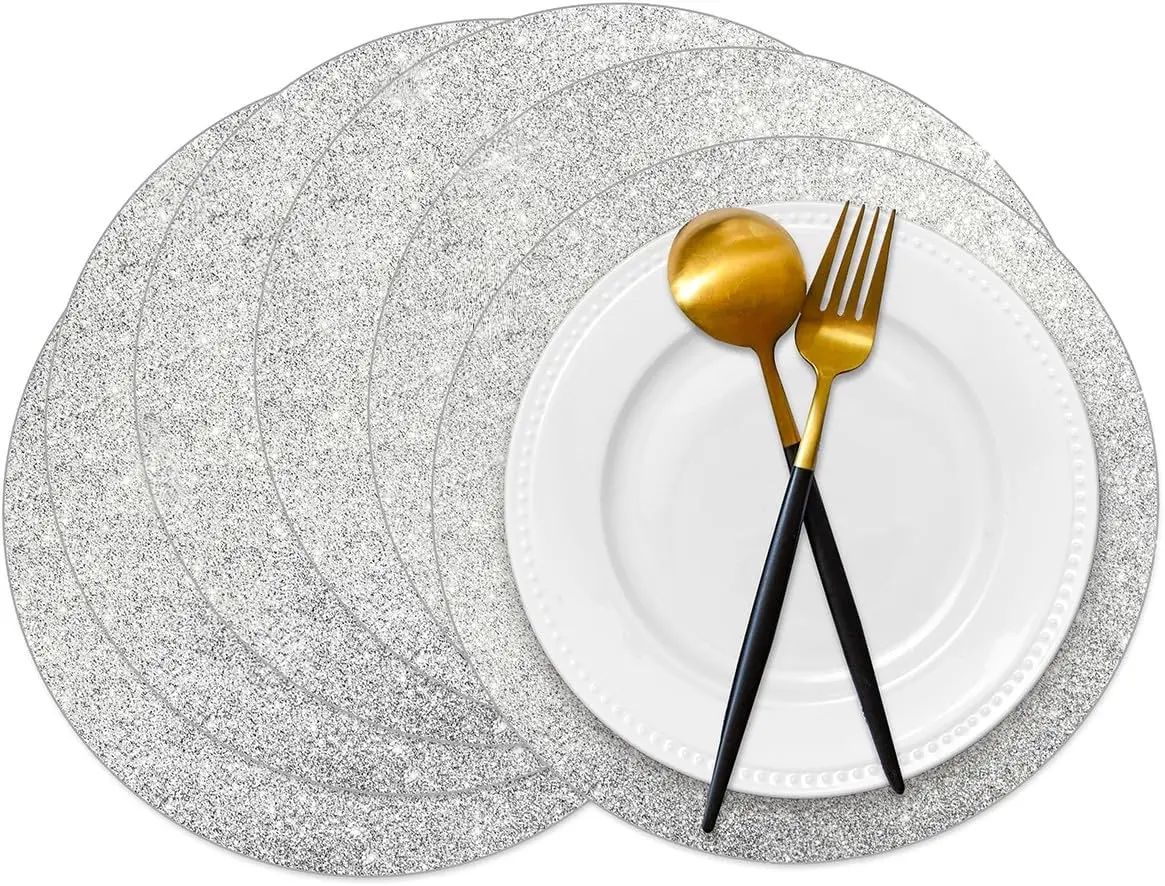 

50 Pieces Silver Glitter Paper Place Mats Sparkle 14'' Round Disposable Table Mats Silver Sequin Doilies Decorative Placemats