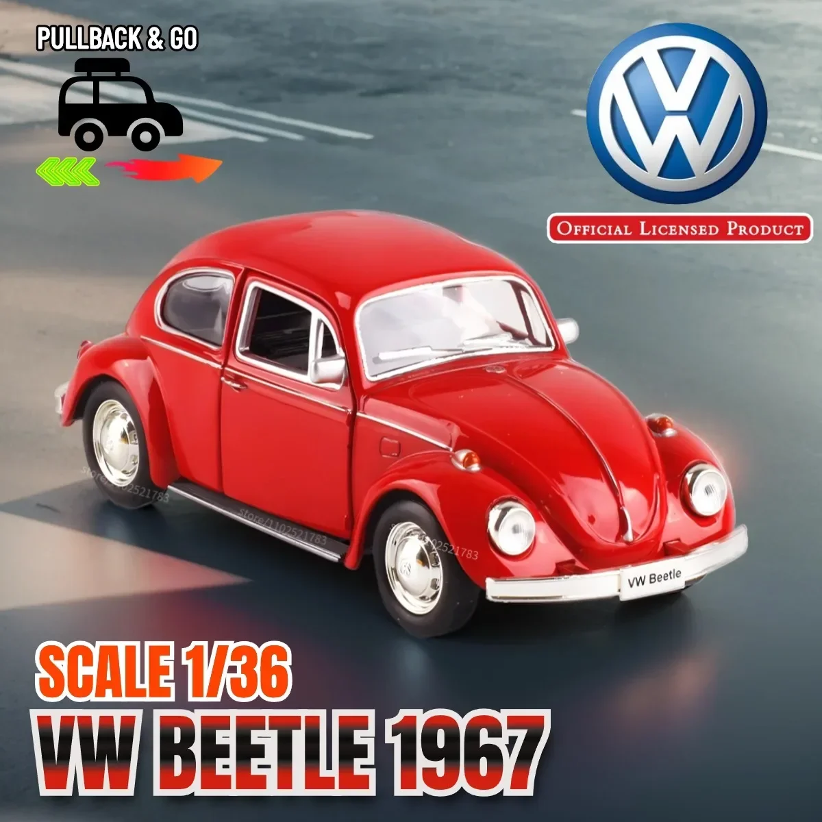 VW Beetle 1967 1:36 Scale with Acrylic Case, Pullback Toy Car Model Diecast Vehicle Replica Xmas Gift Kid Boy Toy