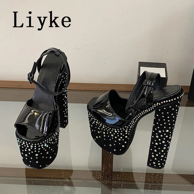 Liyke Modische Kristall-Strass Plateau-Sandalen mit Hohem Absatz für Damen, Offene Zehenpartie, Hochzeits- und Bankett-Schuhe